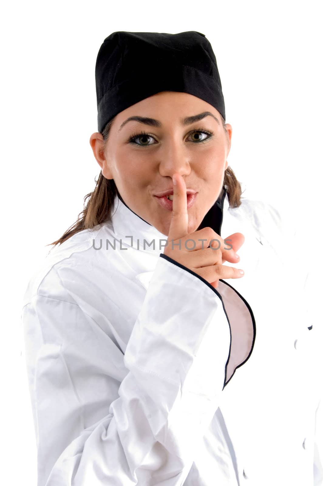 chef instructing to keep silent on an isolated white background