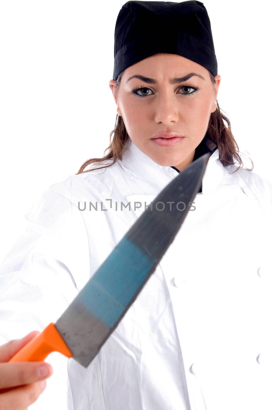 chef showing you knife with white background