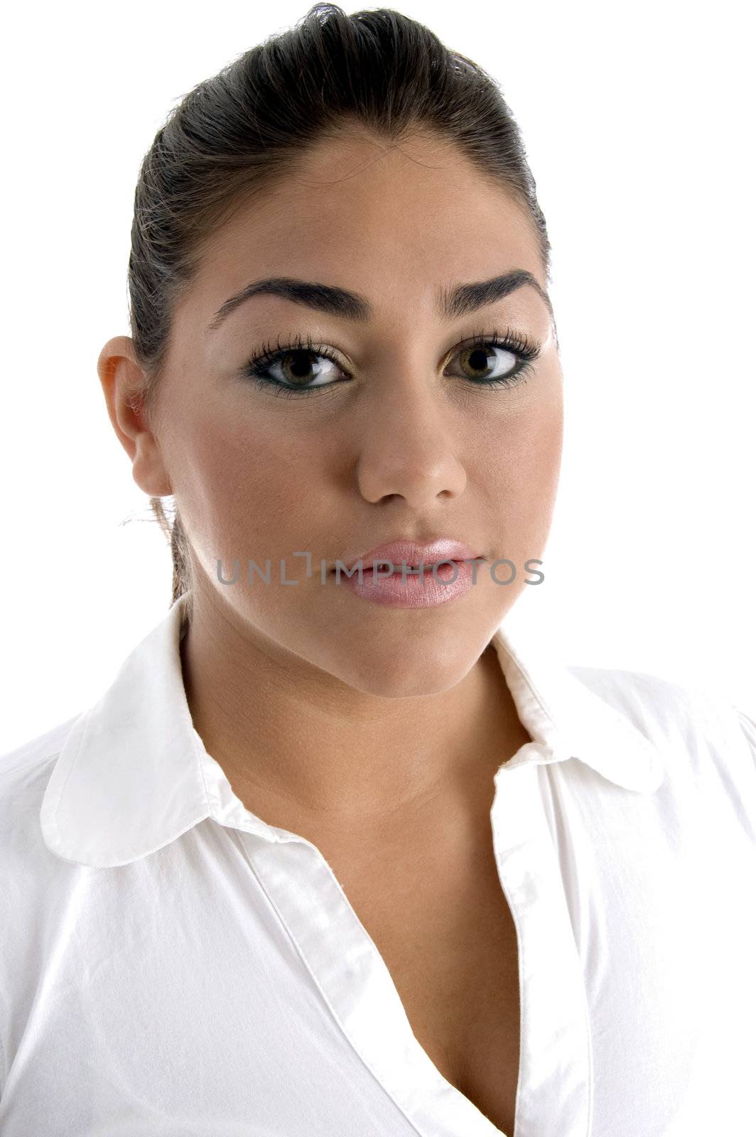 close up of beautiful woman against white background