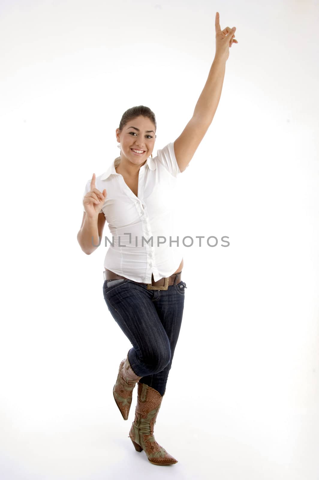 standing model indicating upward on an isolated background