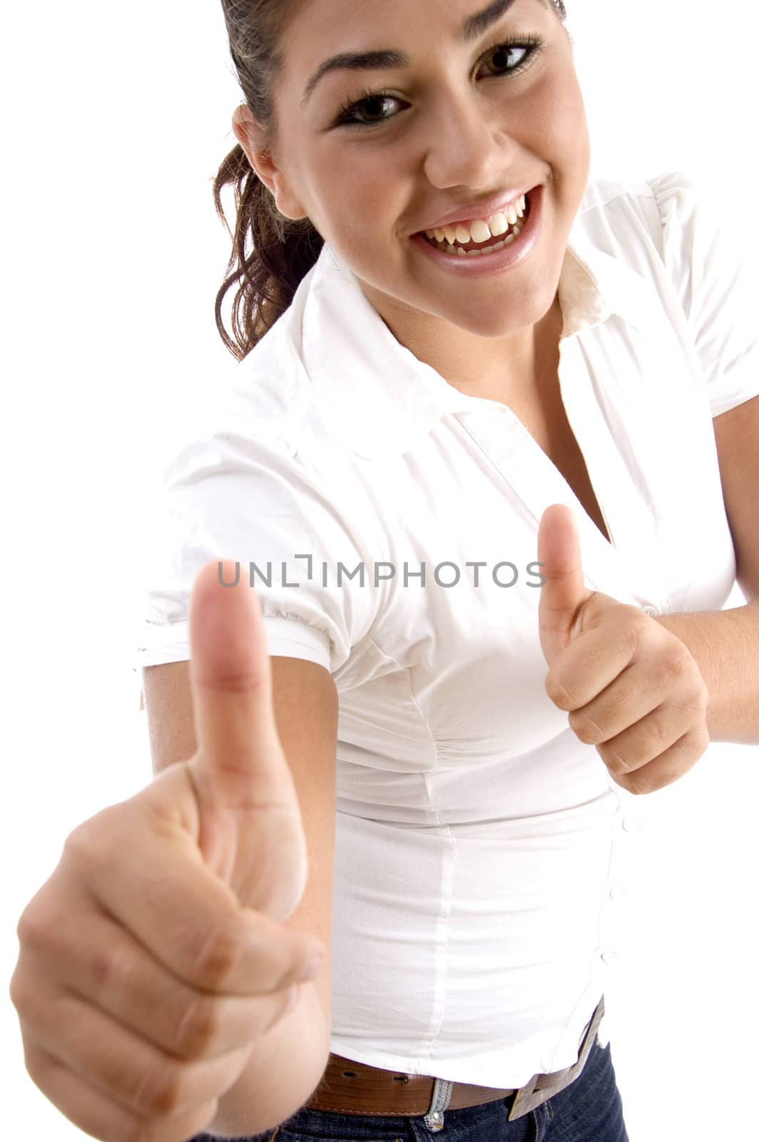 smiling woman showing good luck sign with white background