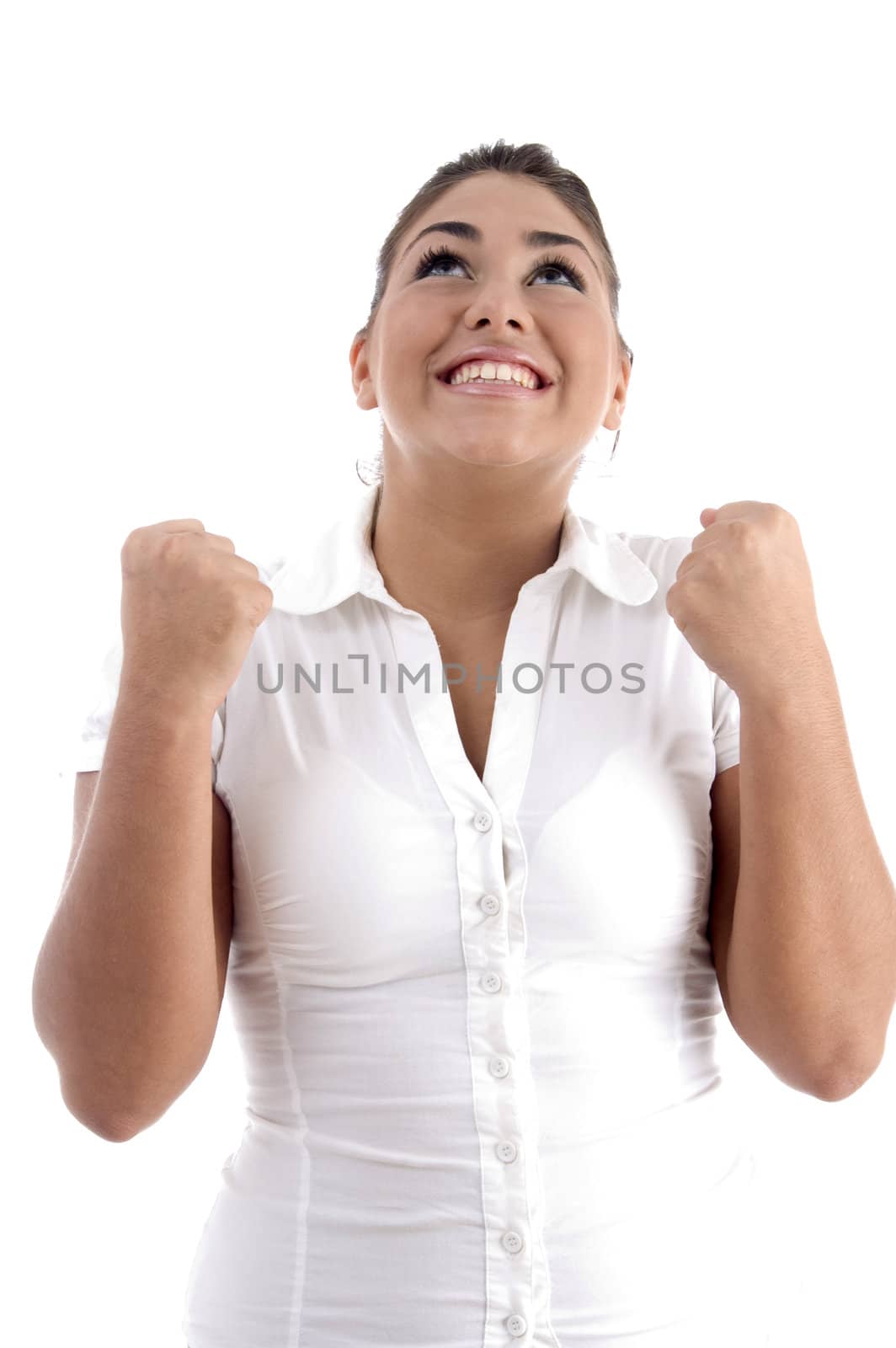happy woman looking upward on an isolated white background