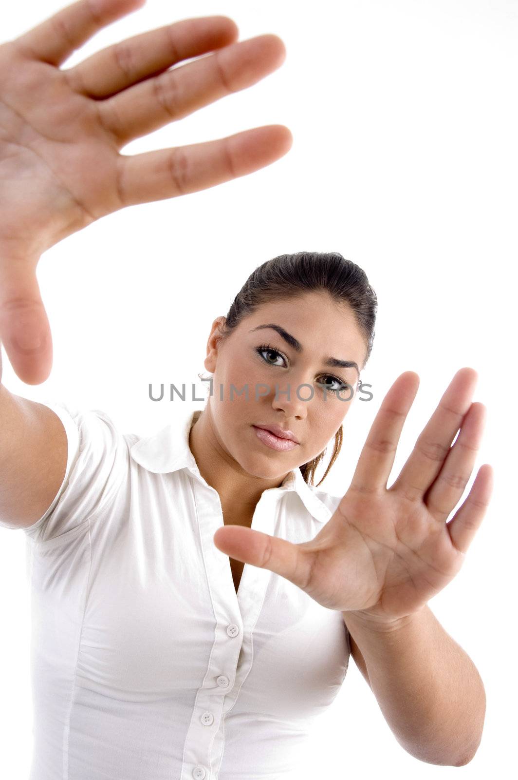 young woman directing on an isolated background