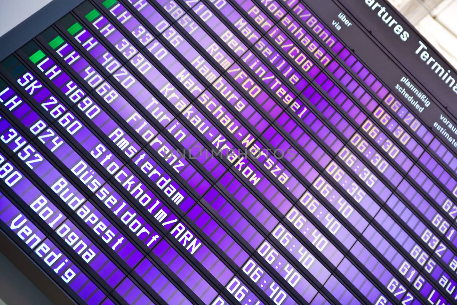 Timetable on german airport showing departure times.