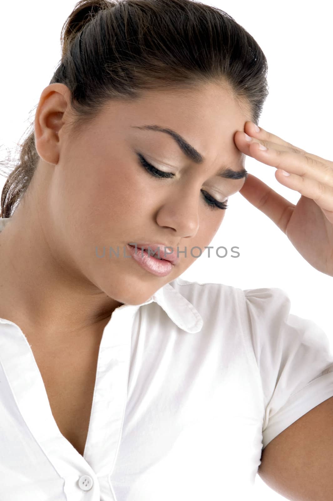 young woman in tension on an isolated white background