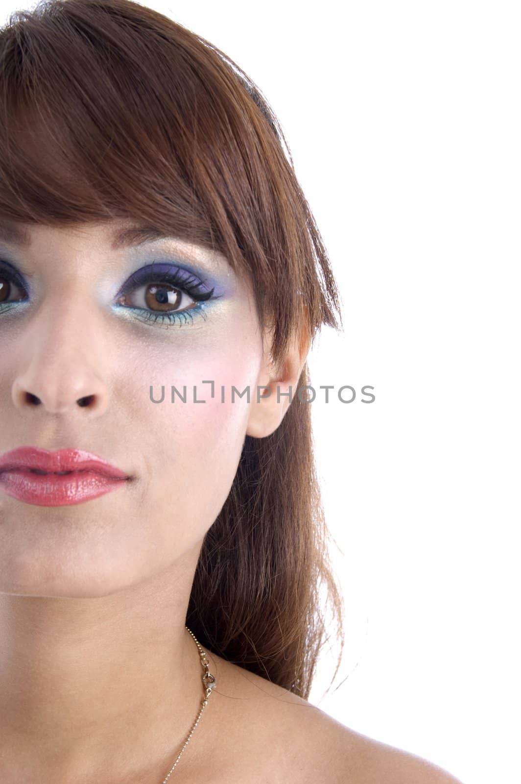 half length of woman's face on an isolated white background