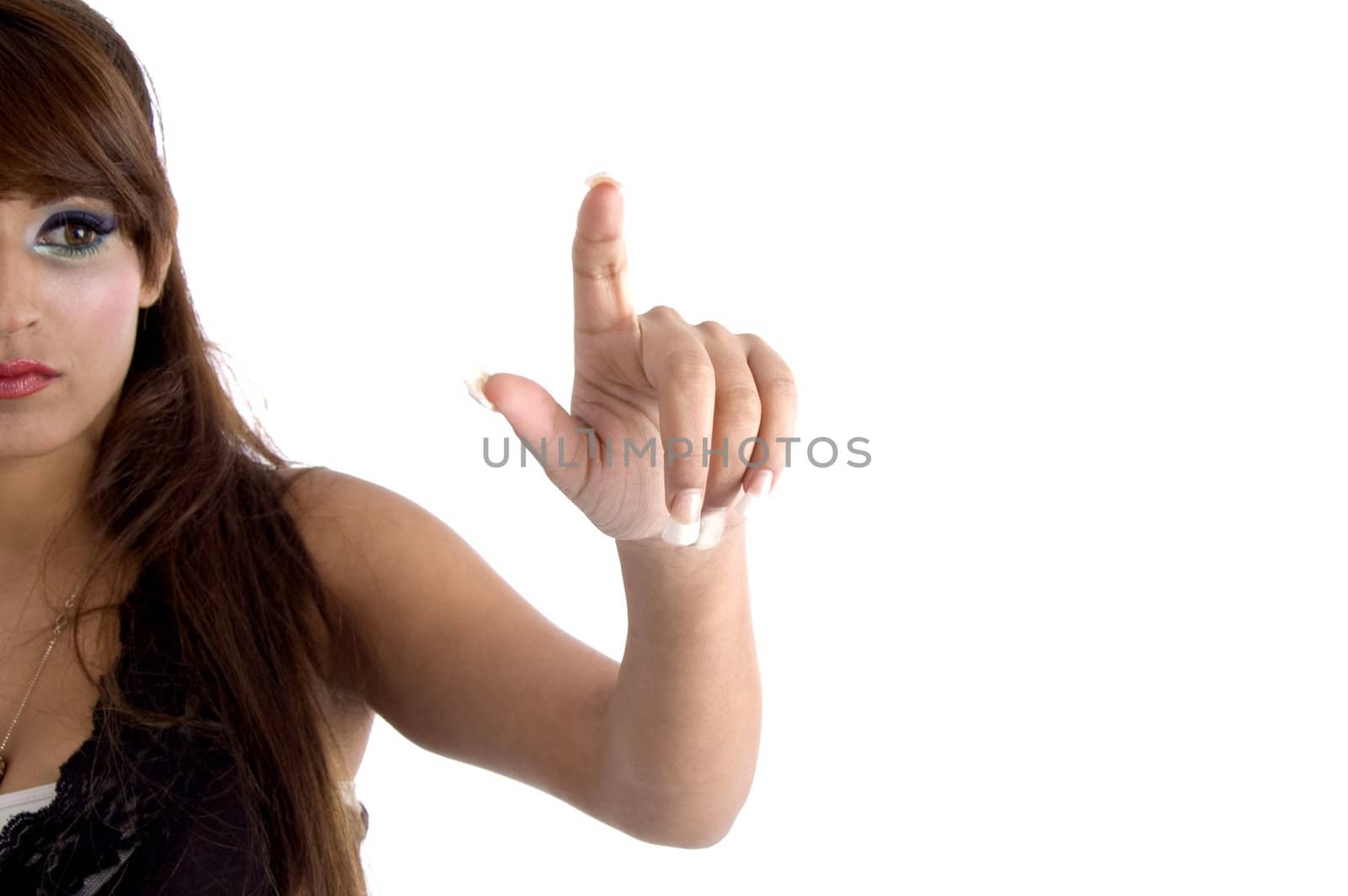 half length of pointing woman against white background