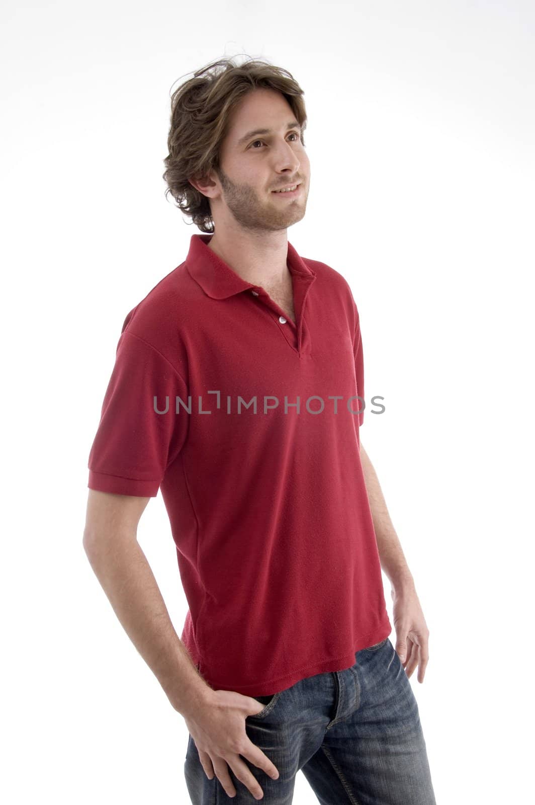 standing model looking upward with white background