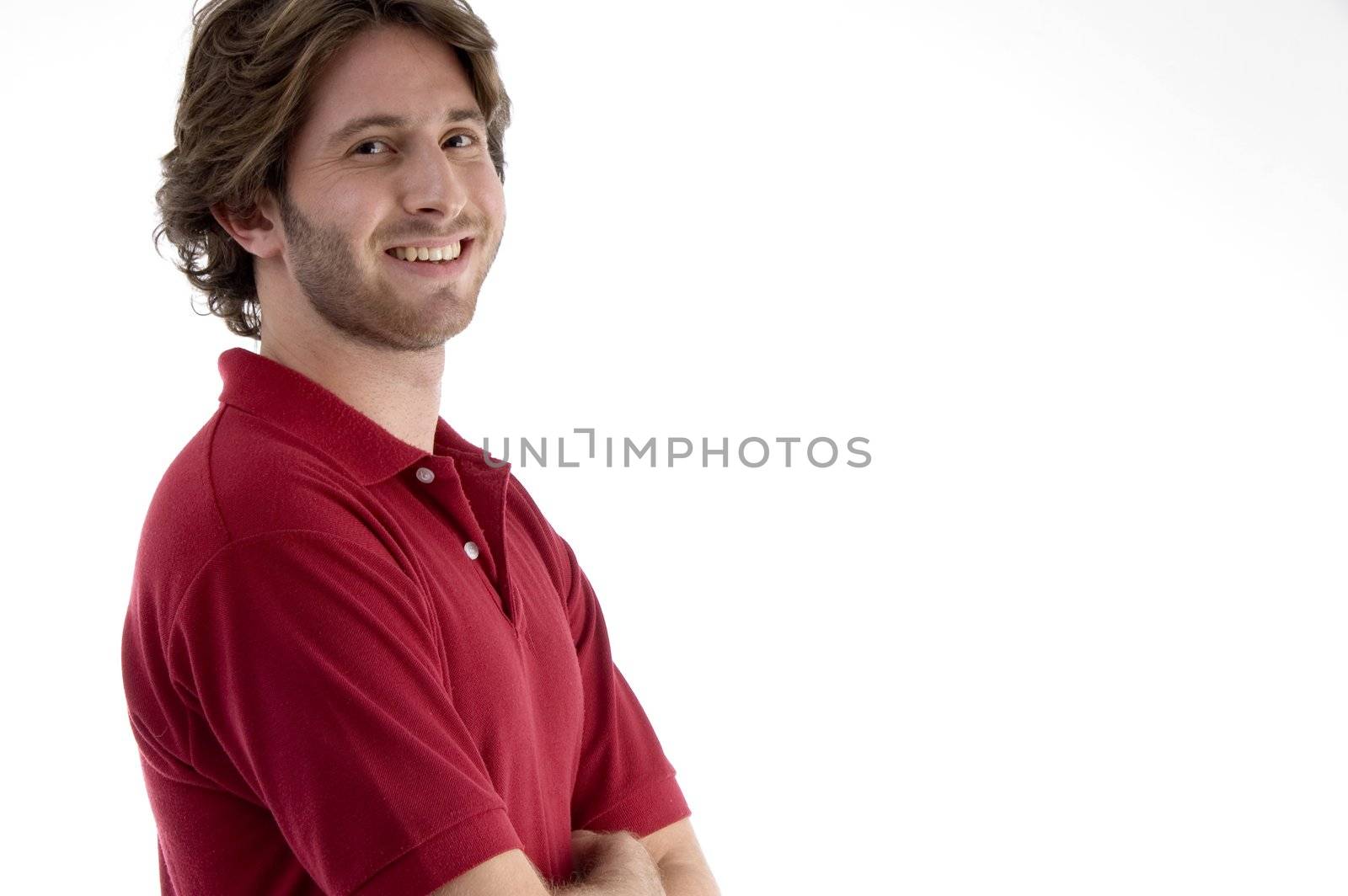 side pose of pleased male against white background