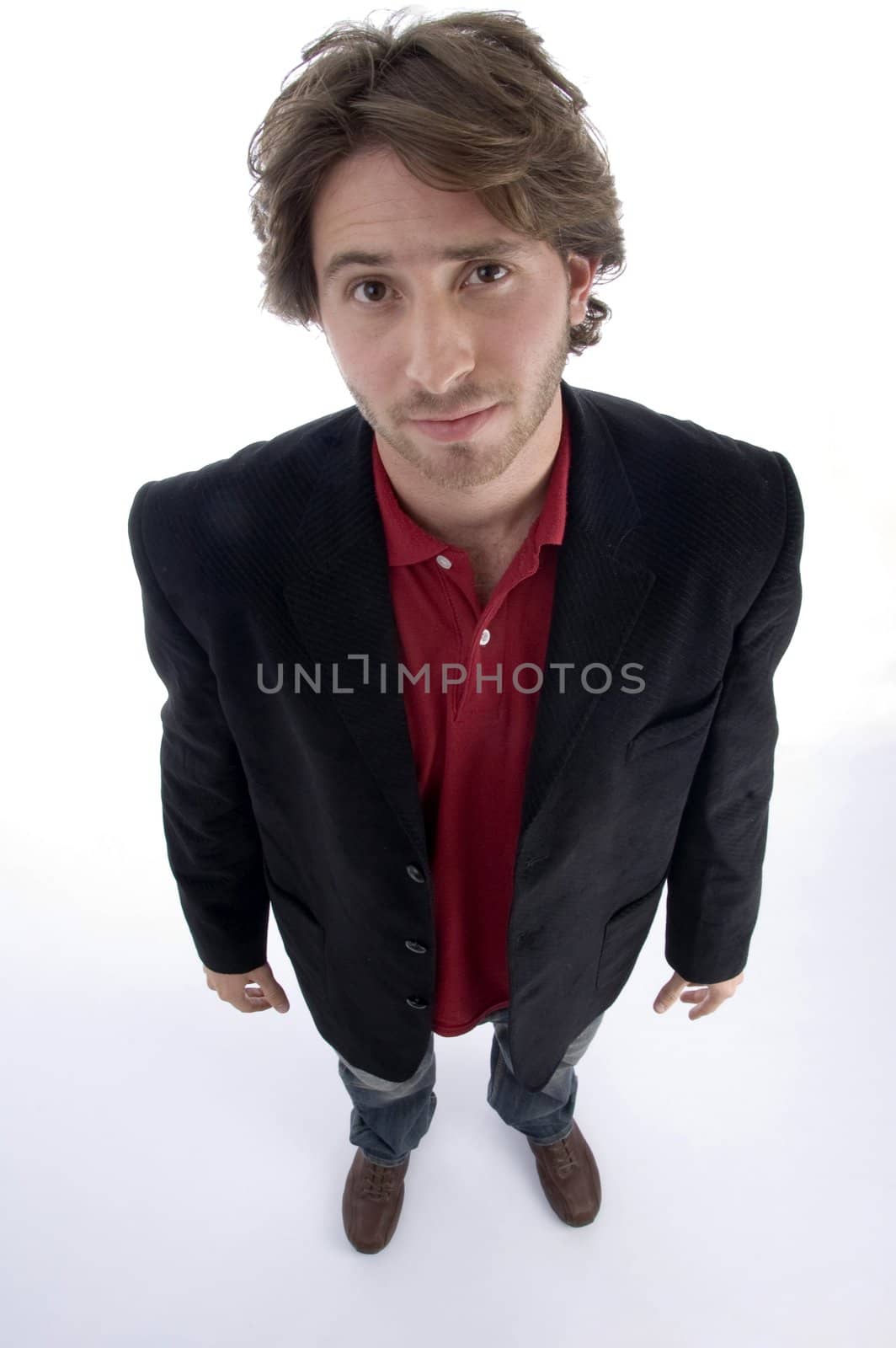 standing male looking upward on an isolated background