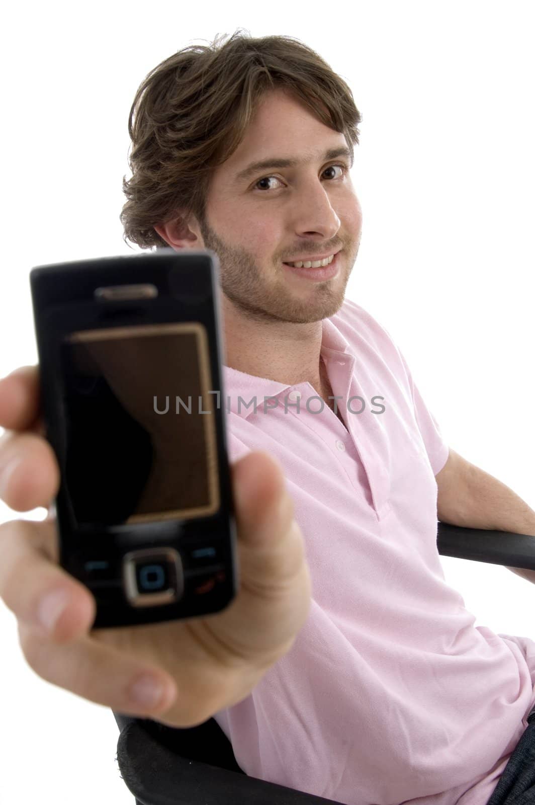 smiling man showing mobile against white background