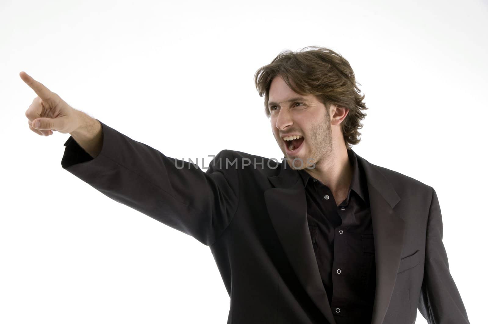 shouting man pointing sideways on an isolated background