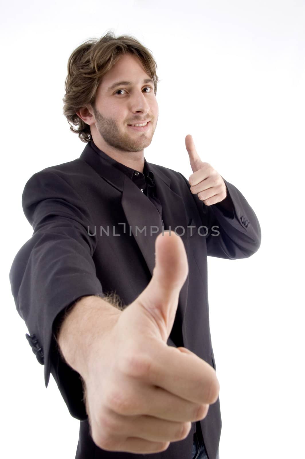 handsome male wishing goodluck on an isolated white background