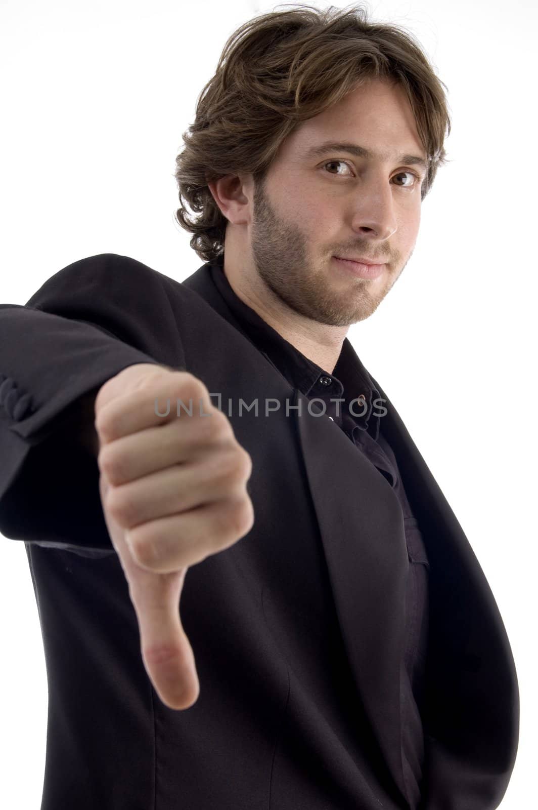 man showing disapproval sign with white background