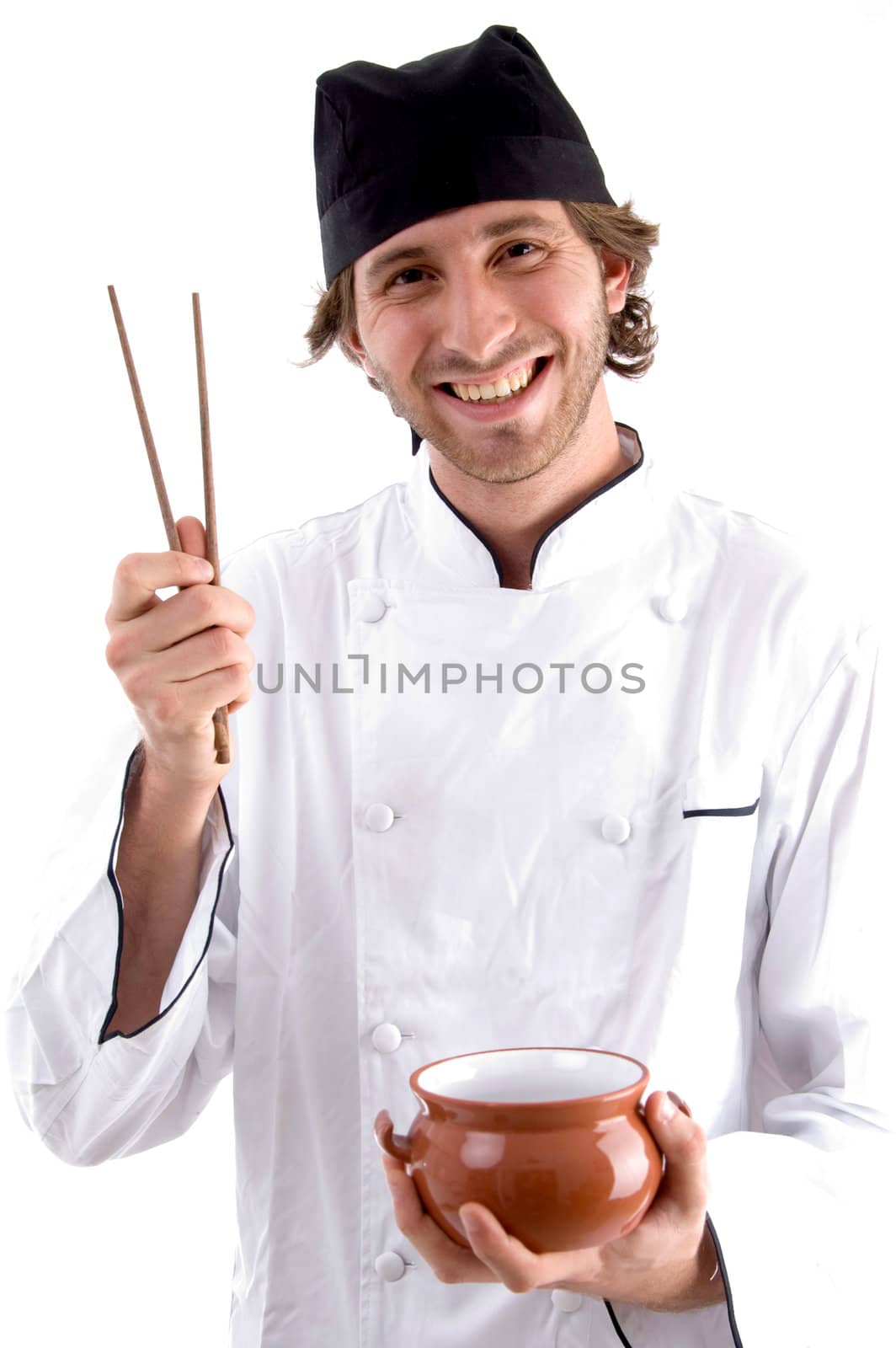 happy chef holding bowl and chopsticks on an isolated background