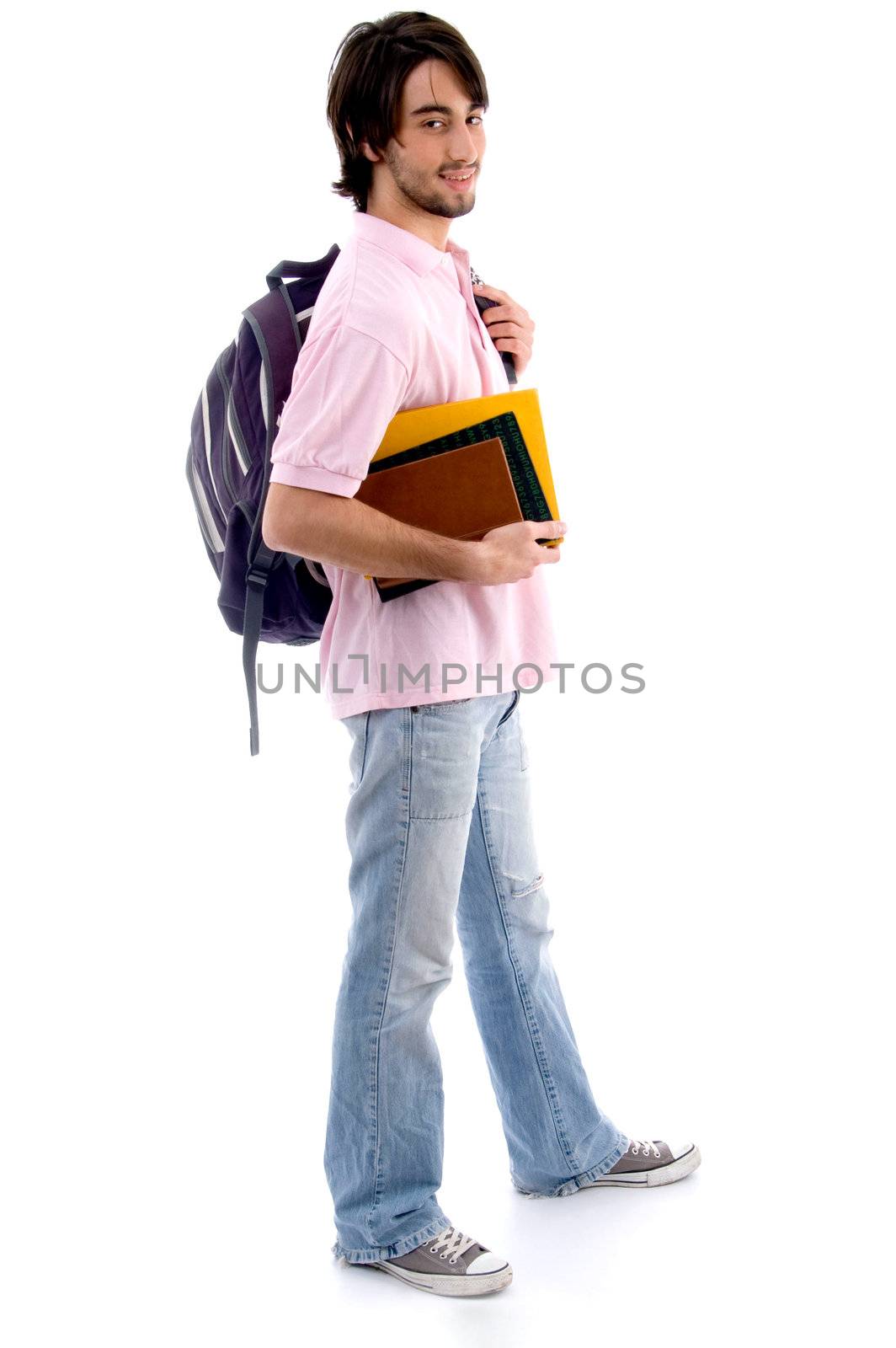 standing man with books and bag with white background