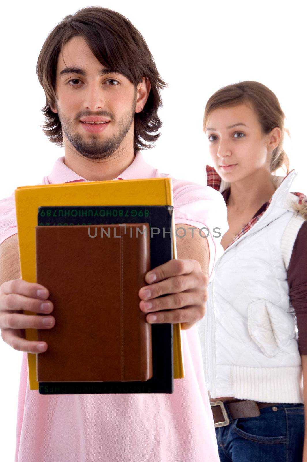 young college students with books on an isolated white background