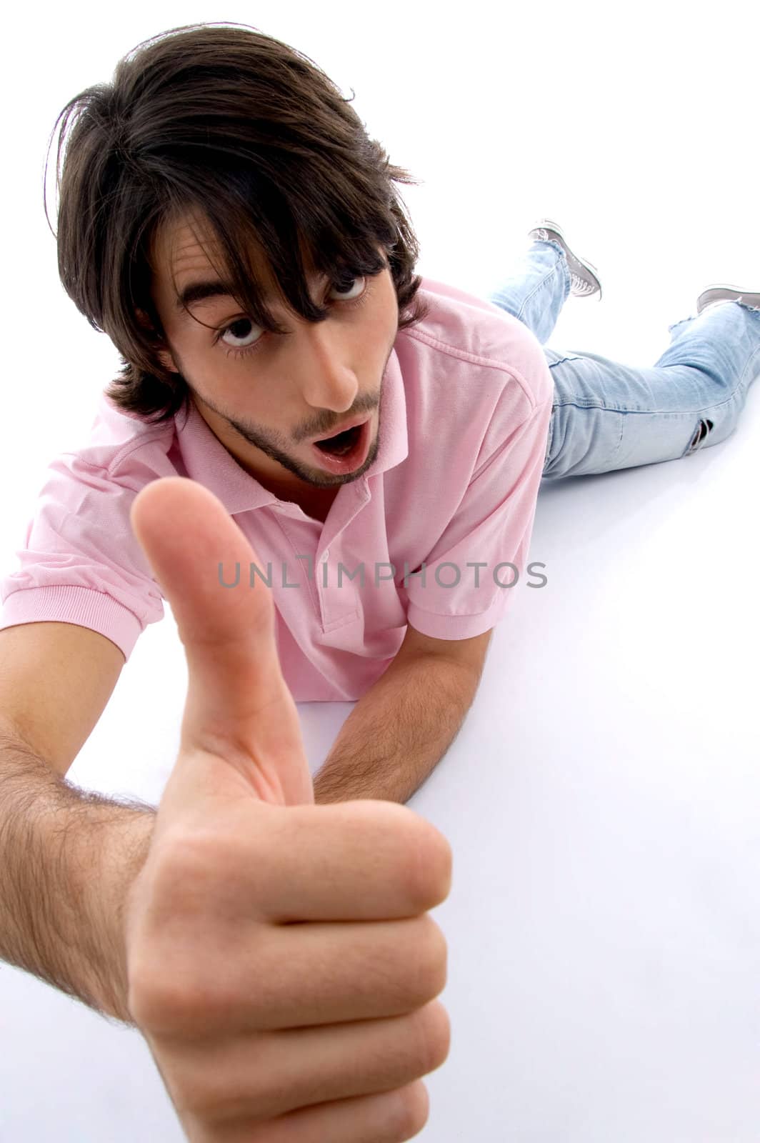laying man wishing goodluck on an isolated white background