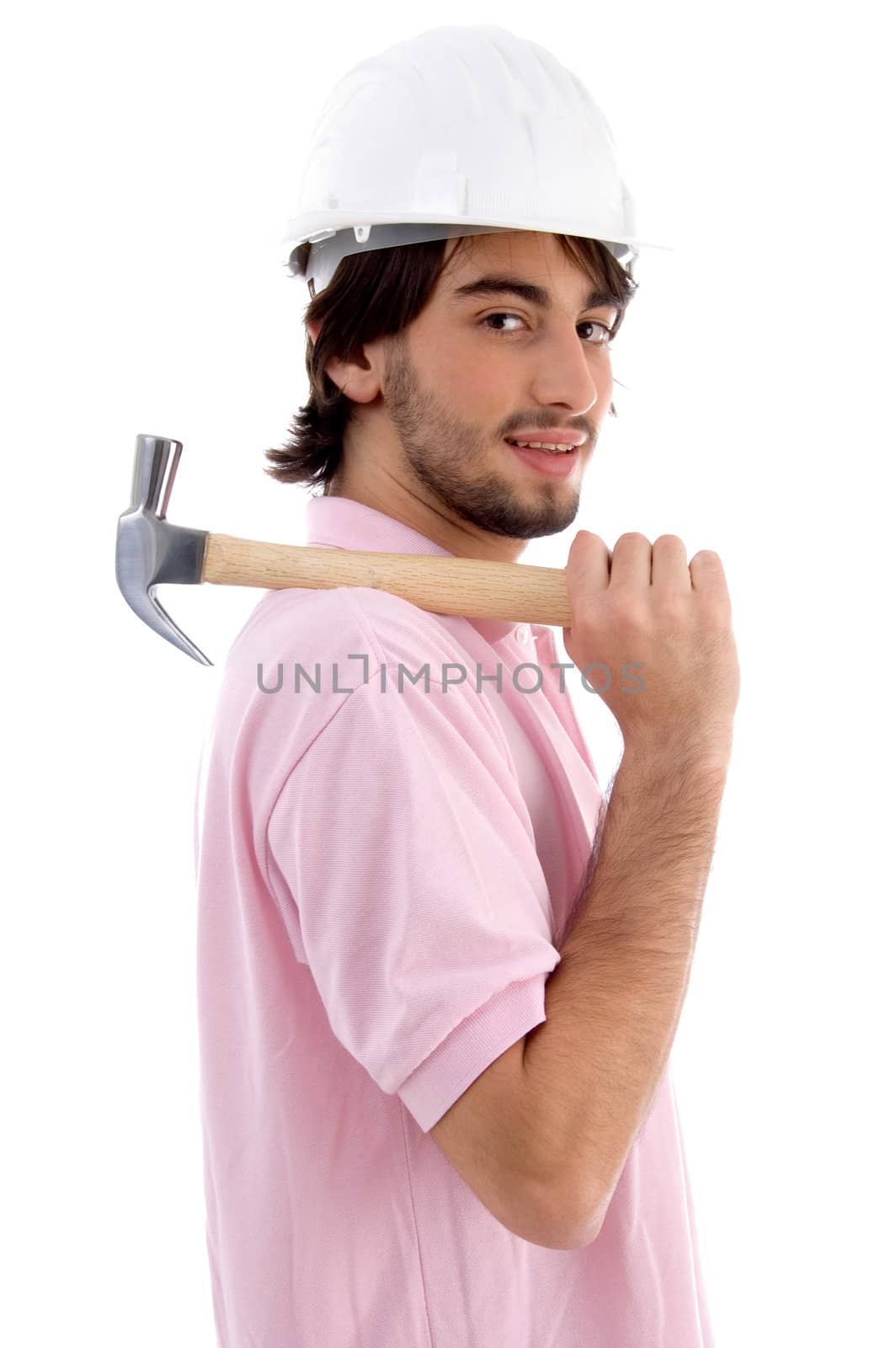 side view of architect with hammer on an isolated white background