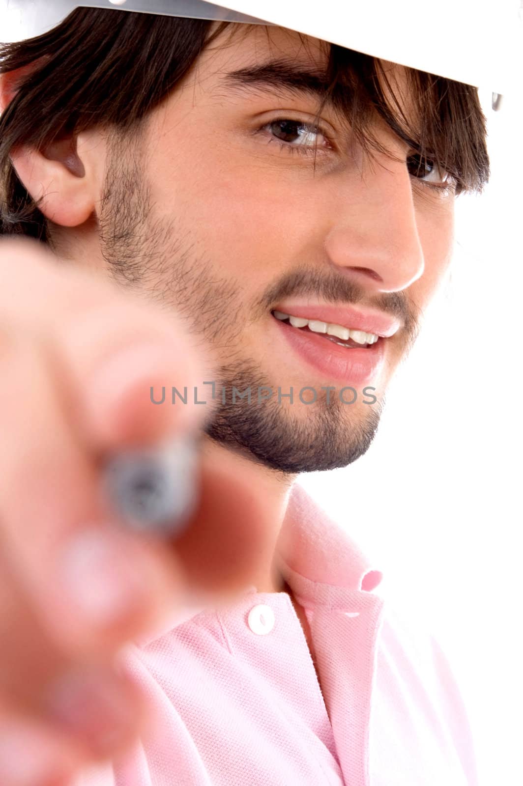 handsome architect showing pen on an isolated white background