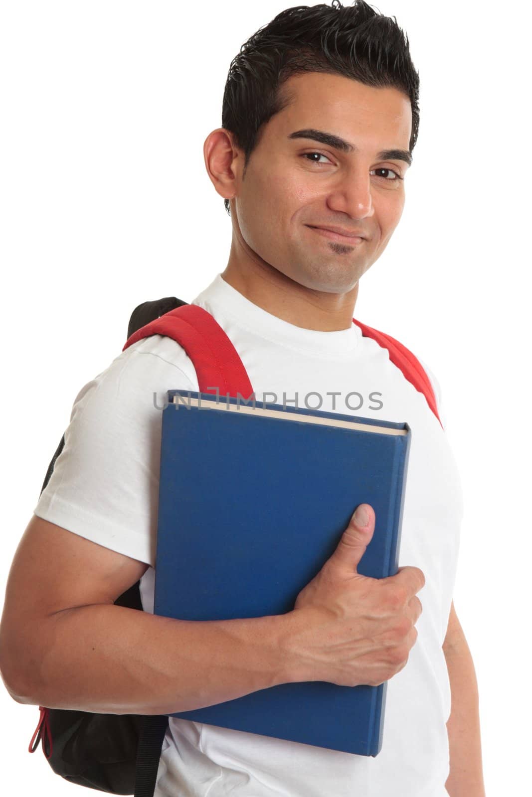 Smiling male college or university student carrying a textbook and backpack