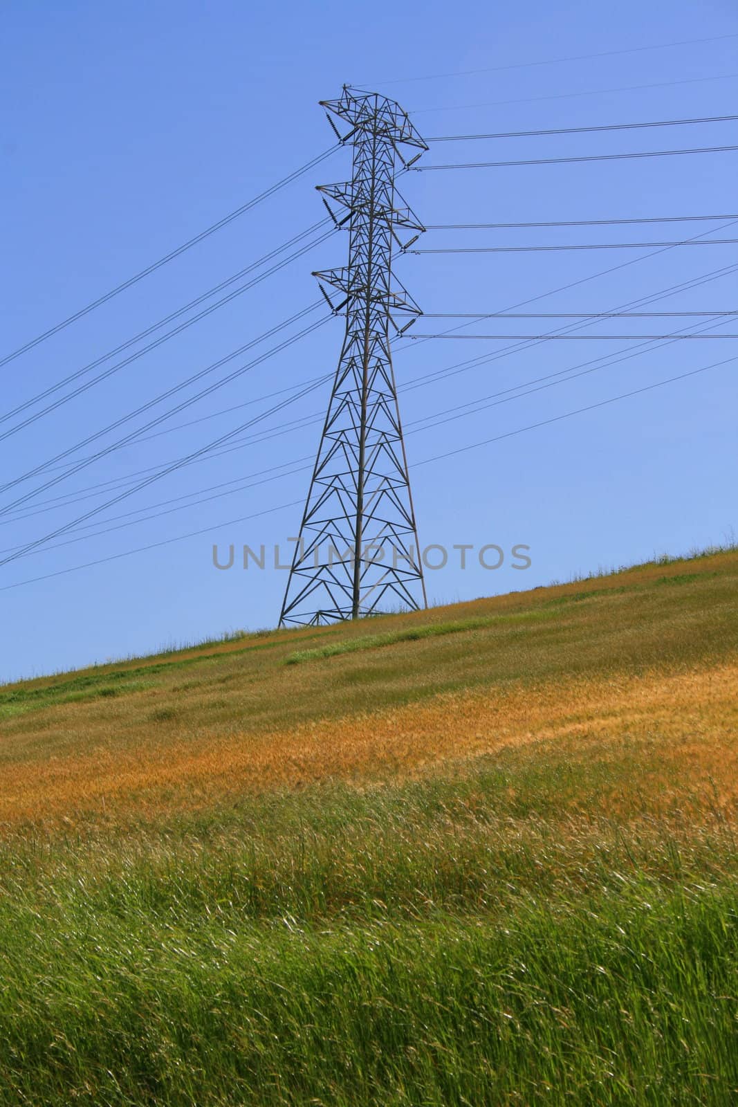 Electricity pylon on a hill over clear blue sky.
