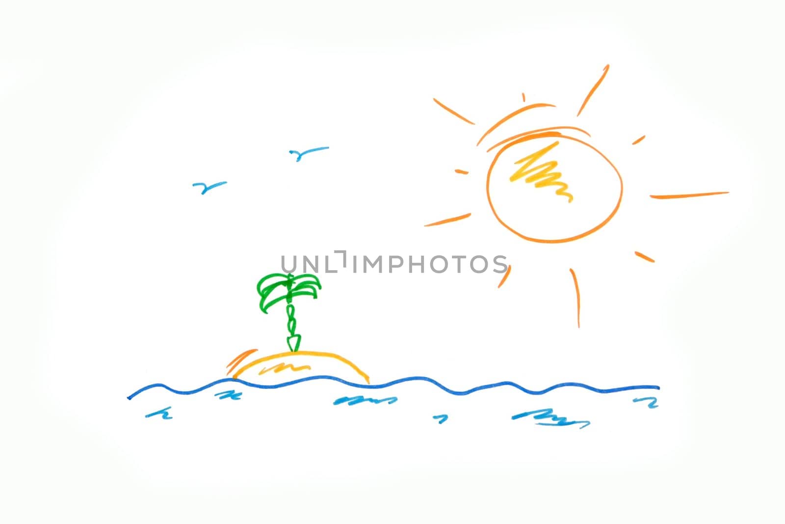 Child's drawing illustrating sun, island and sea