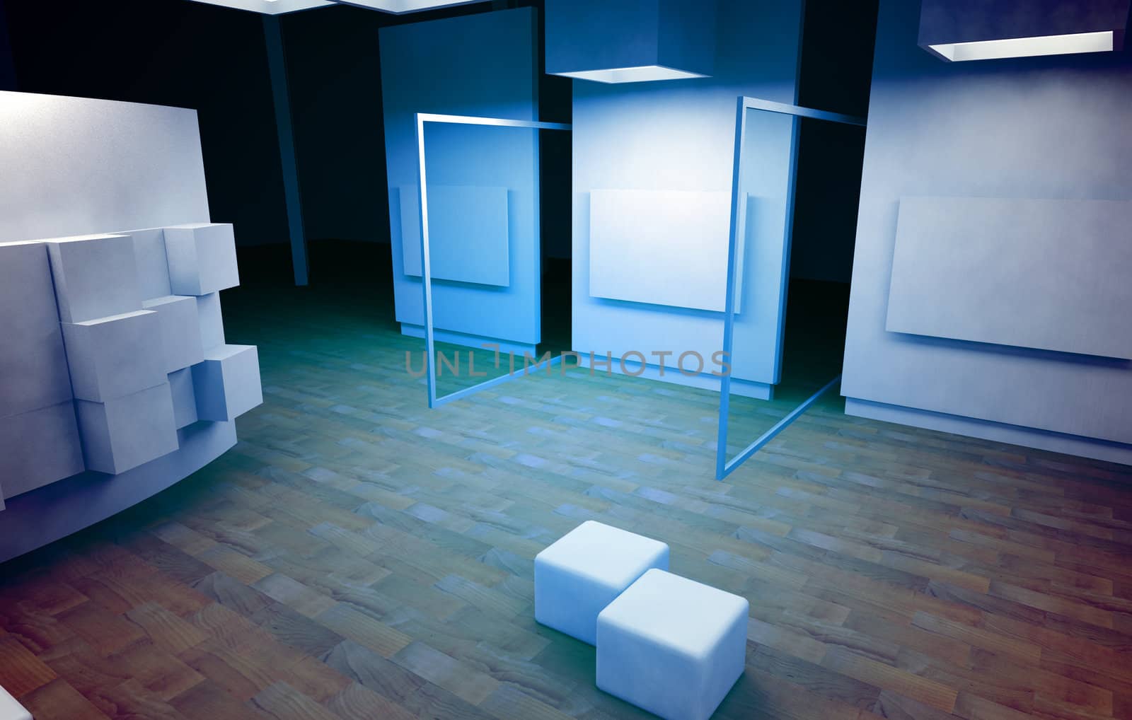 Art gallery with blank frames and blue light colors by FernandoCortes