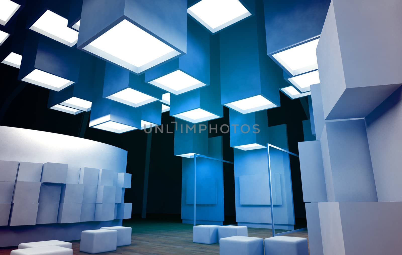 Art gallery with blank frames, modern building, conceptual architecture in blue colors