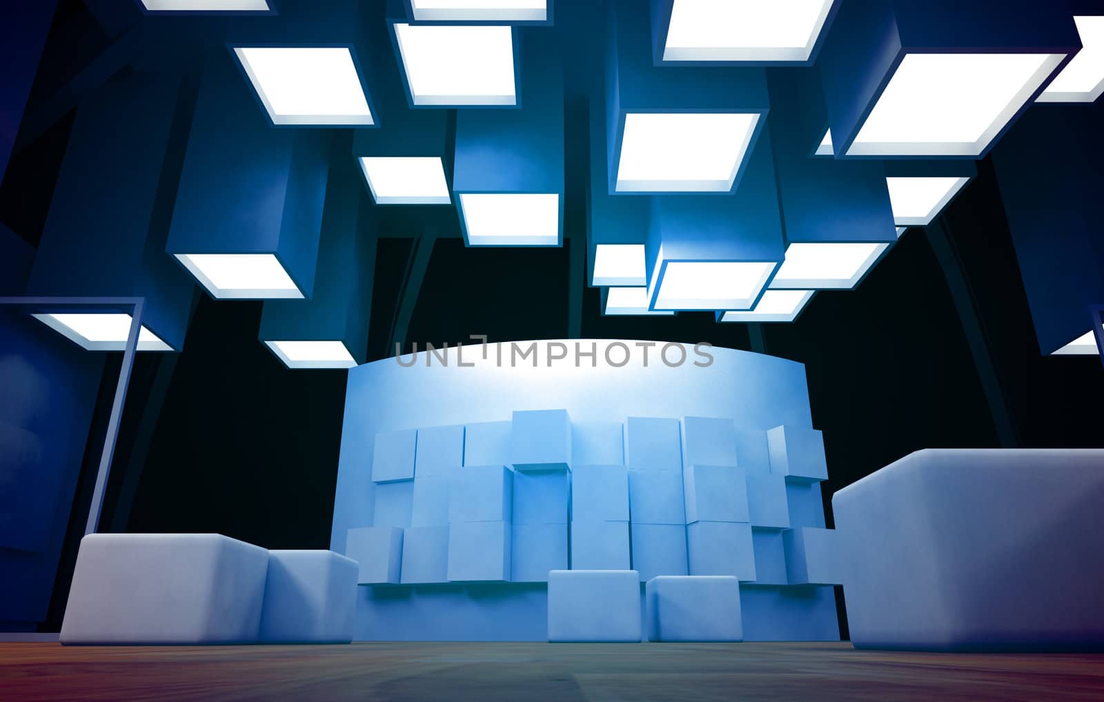 Art gallery with blank frames, modern building, conceptual architecture in blue colors