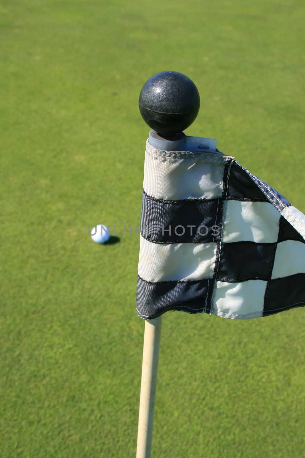 Close up of a golf course flag and a golf ball.
