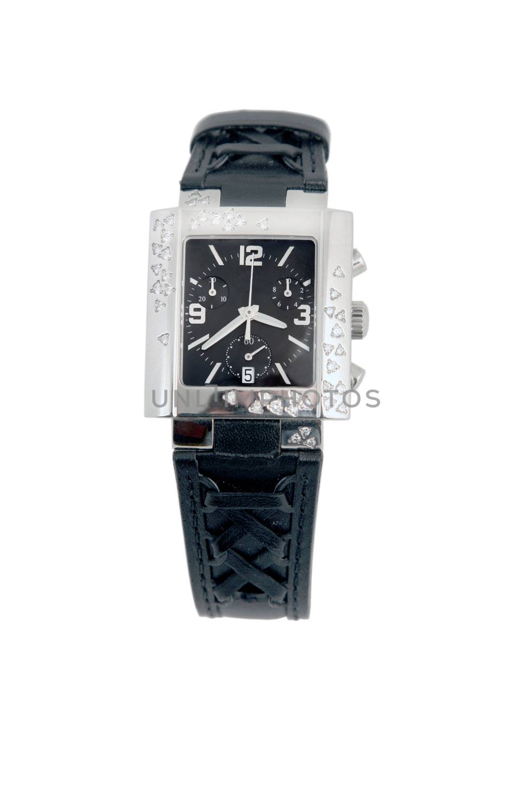 front view of black leather and white gold watch