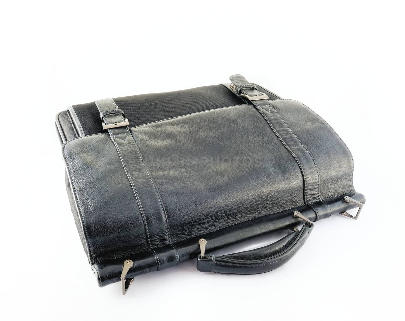Black leather briefcase on the white background