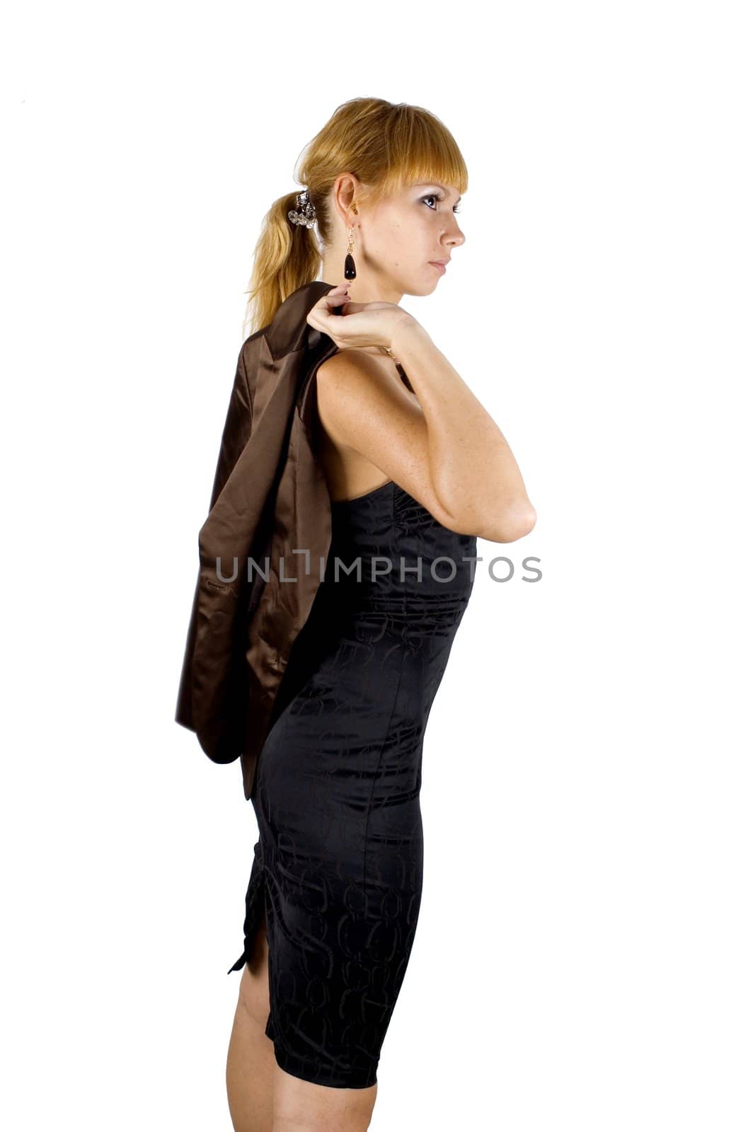 Office lady, holding suit. Wearing black dress, blond hairs. Going for business meeting.
