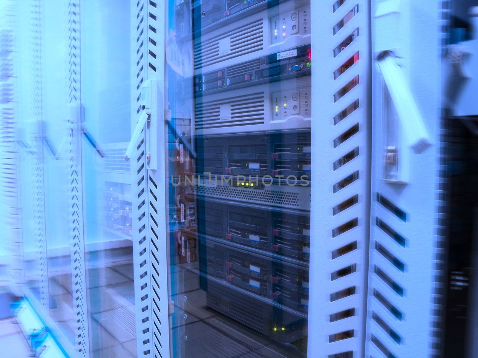 Servers in the data center in blue