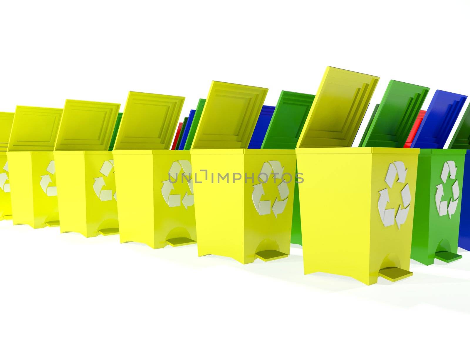 recycle bins in yellow,green,blue and red