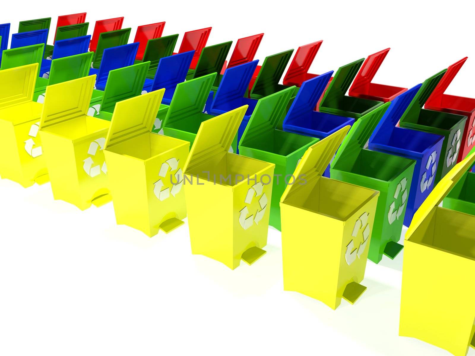 recycle bins in yellow,green,blue and red