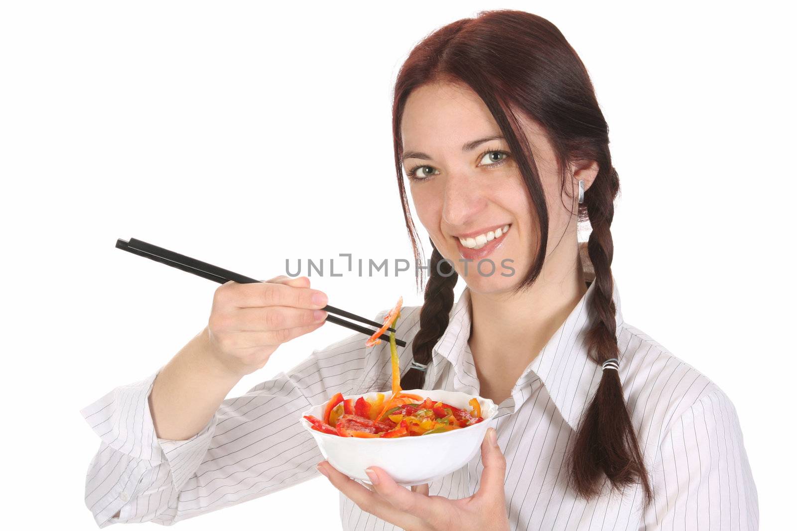 Beautiful woman eating with chopsticks, chinese food