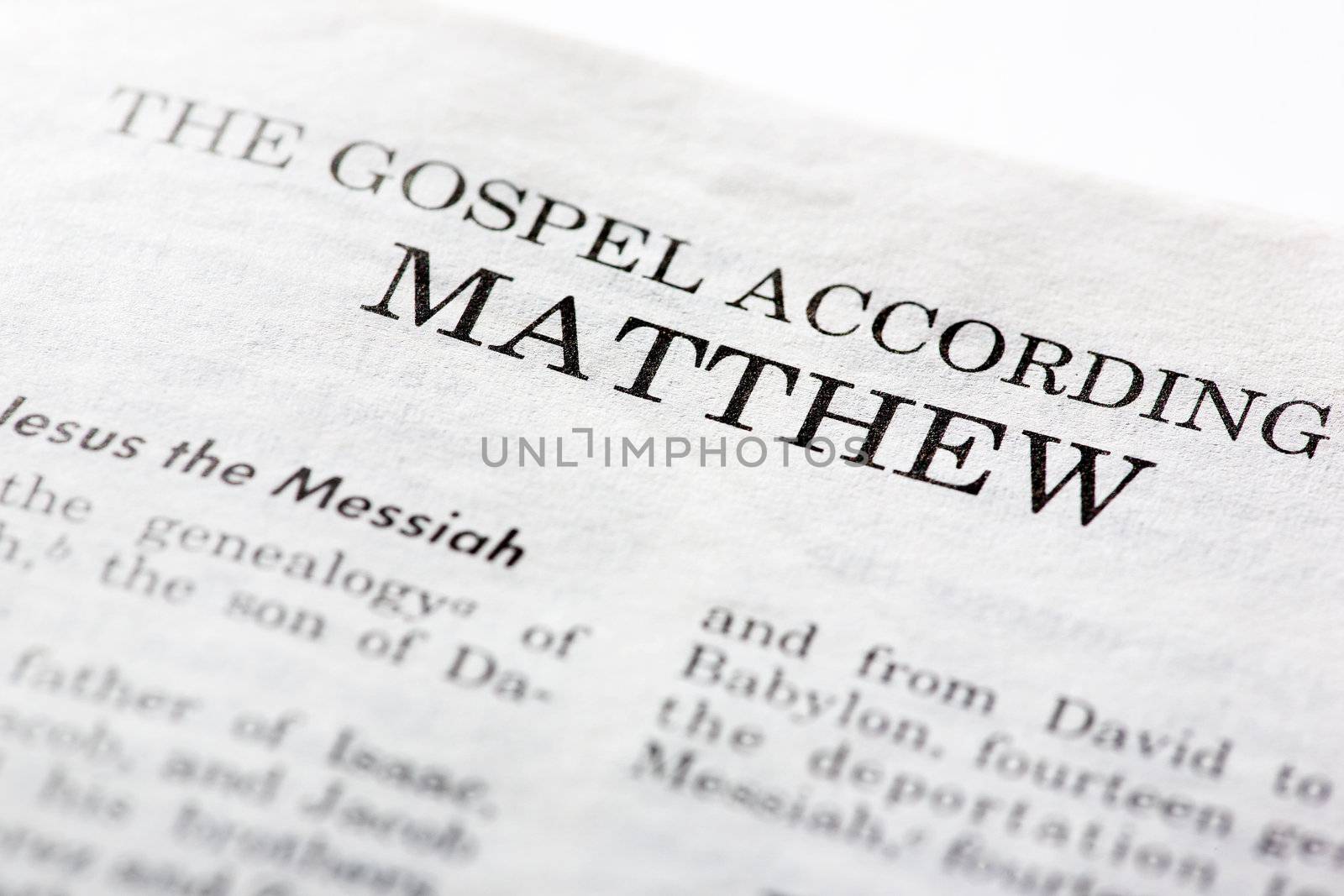 The Gospel According to Mathew, macro detail of the first book of the Christian New Testament