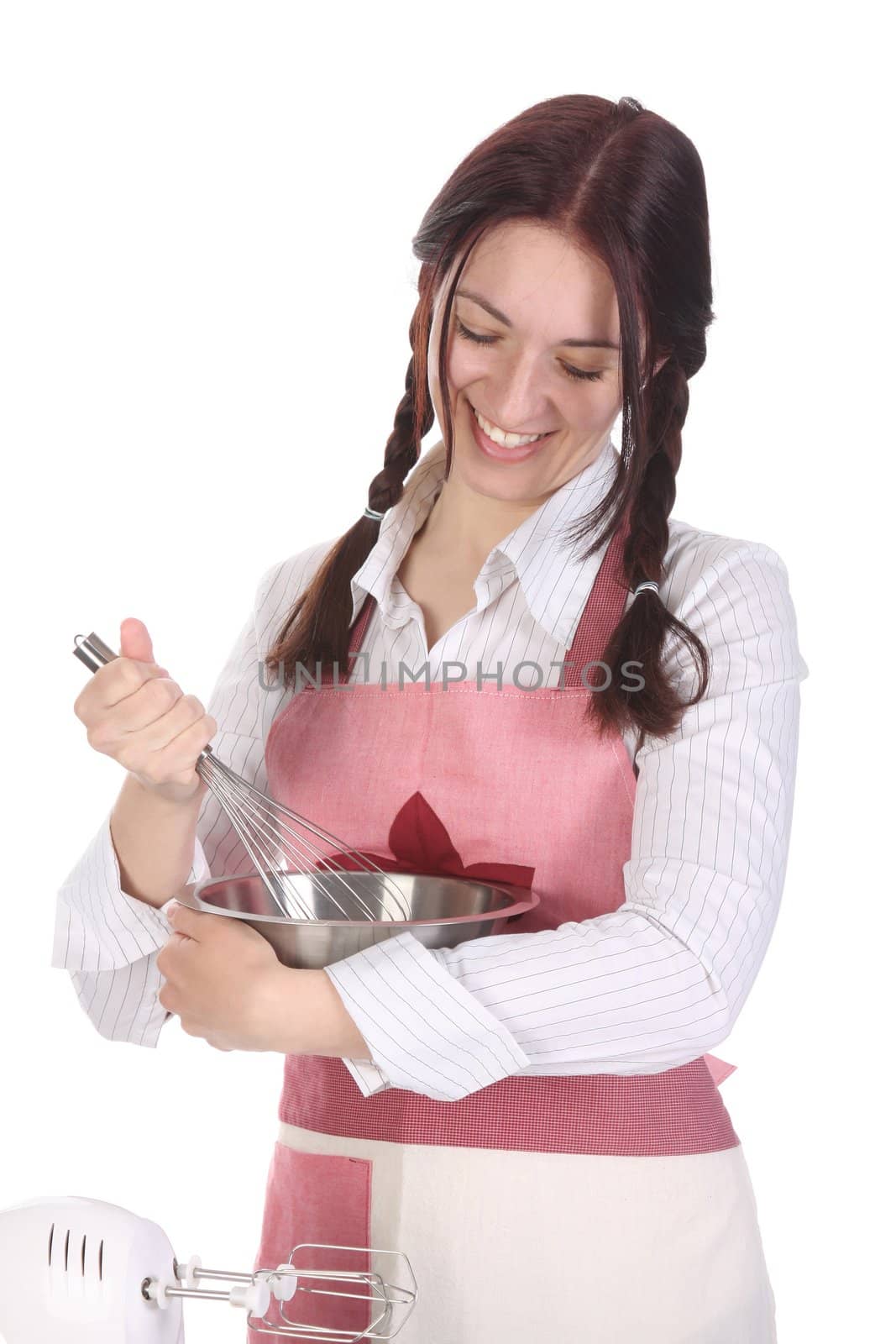 beautiful housewife preparing with egg beater on white background