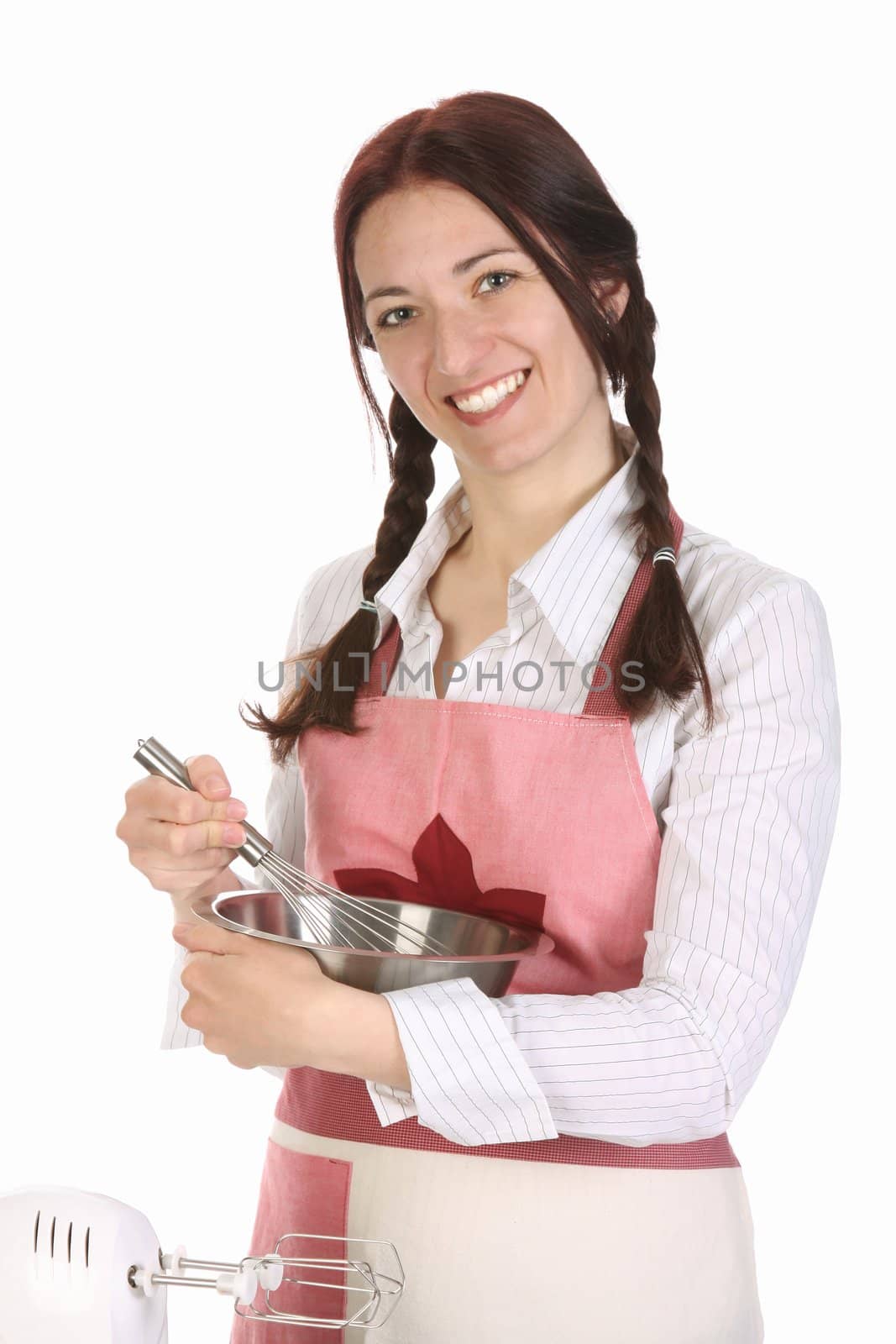 beautiful housewife preparing with egg beater on white background