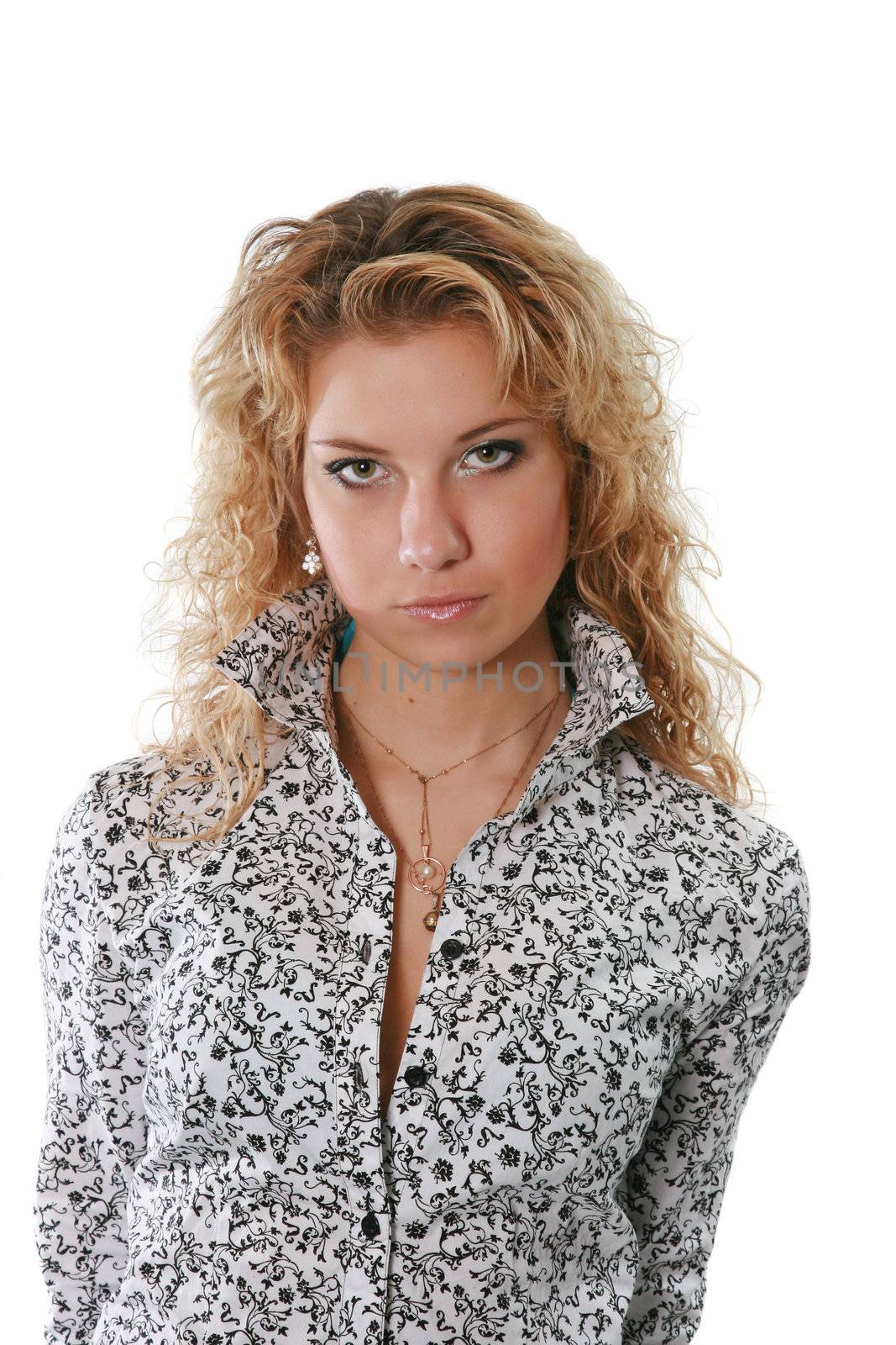 The young woman poses on a white background