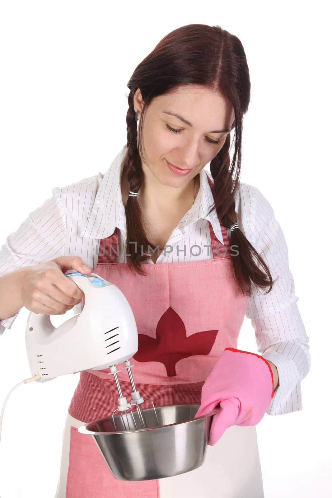 housewife preparing with kitchen mixer on white  background