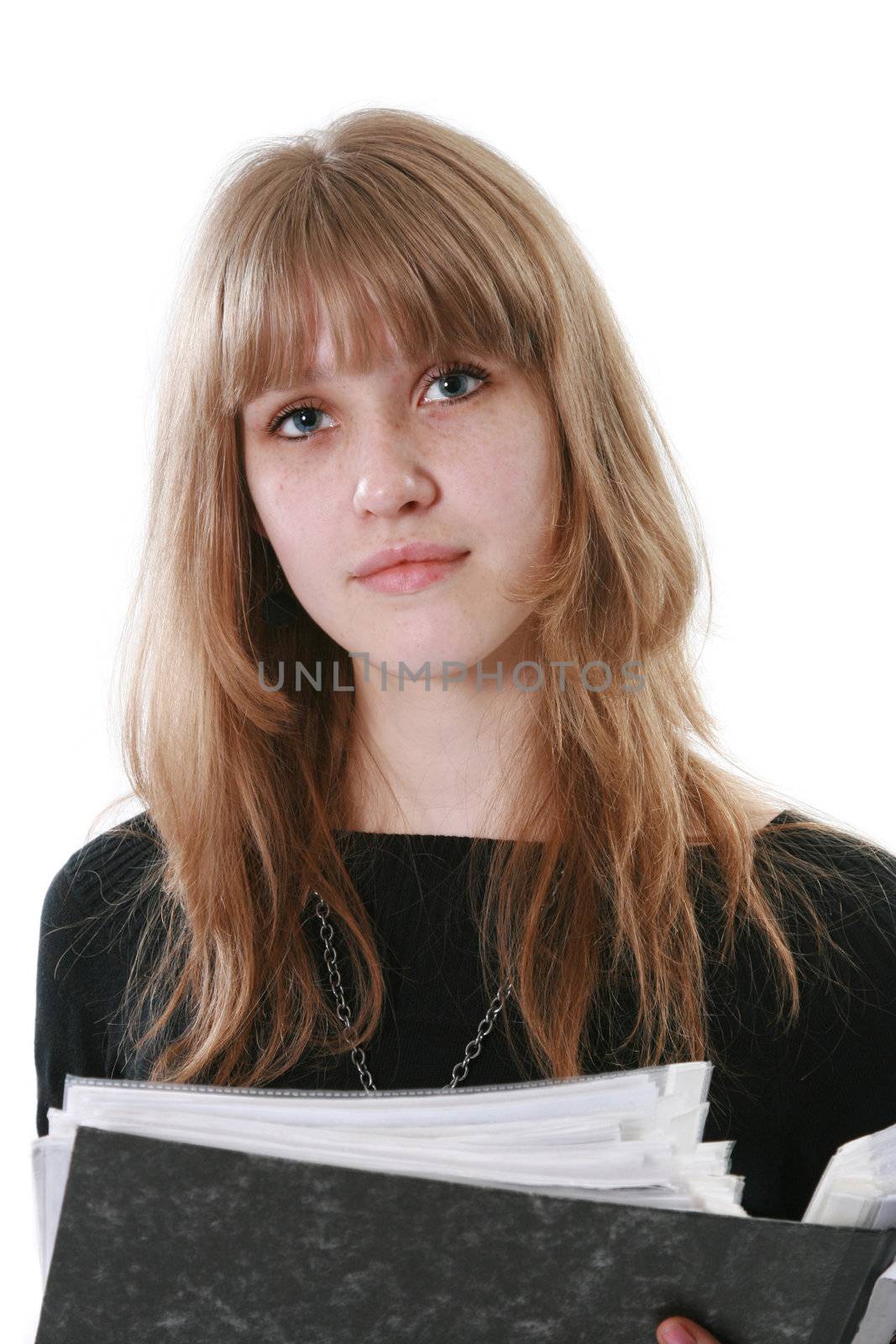 The young woman with official papers in dark clothes