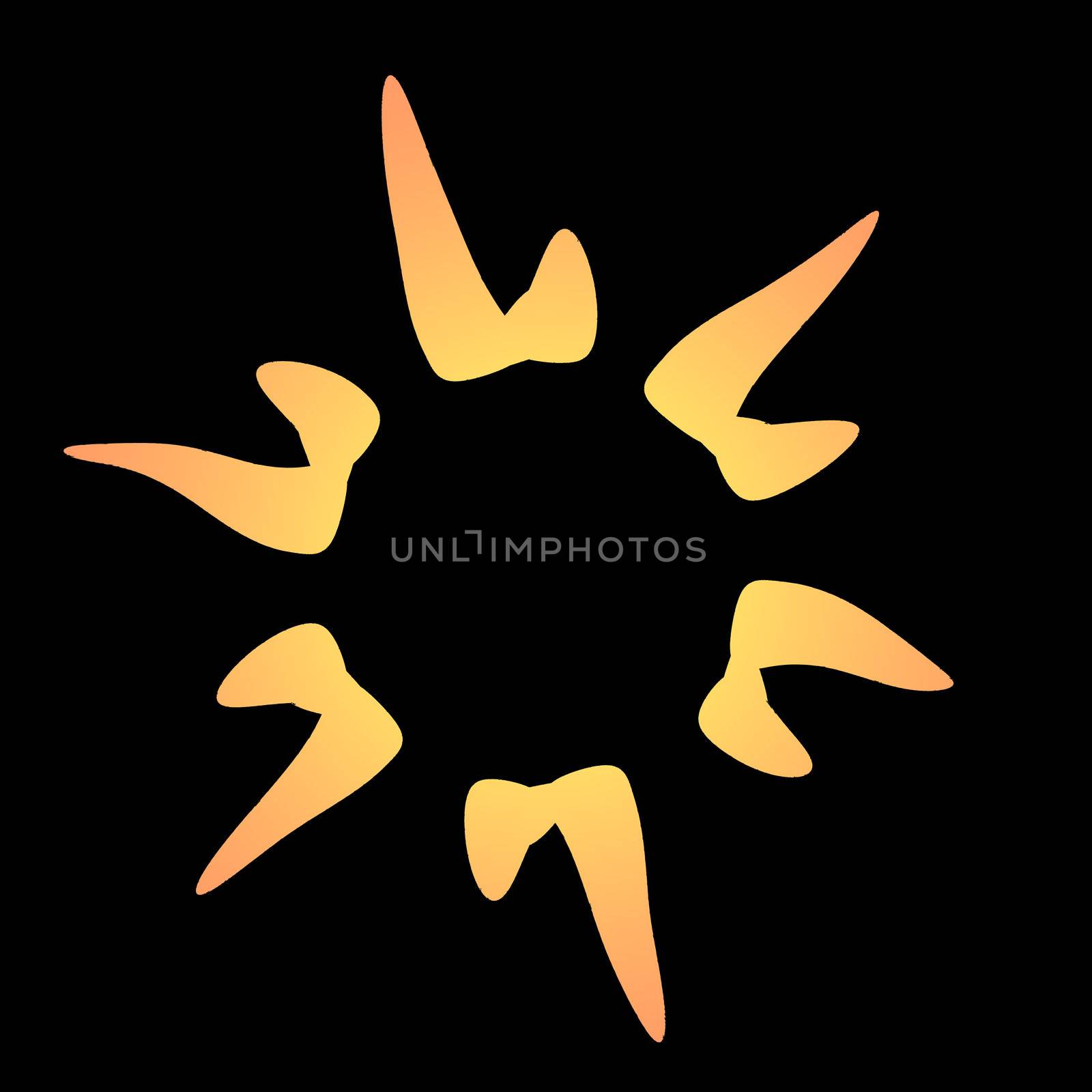 An abstract illustration of the sun done in shades of yellow and orange on a black background.