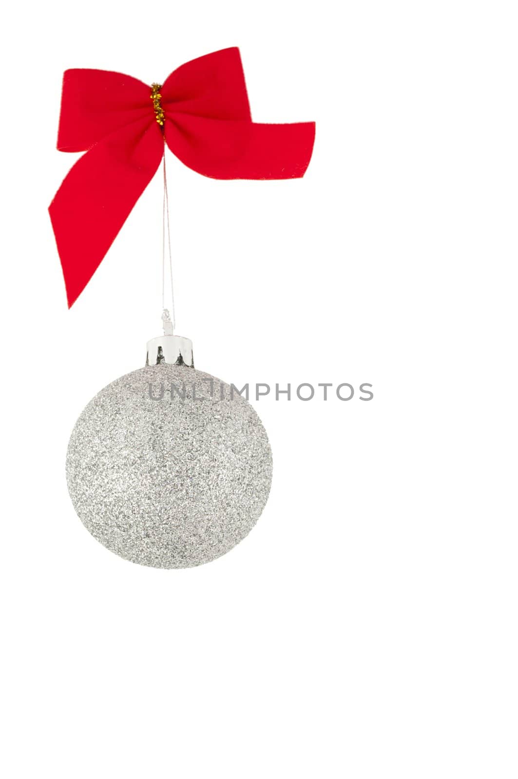 Red bow and silver christams ball, isolated on white