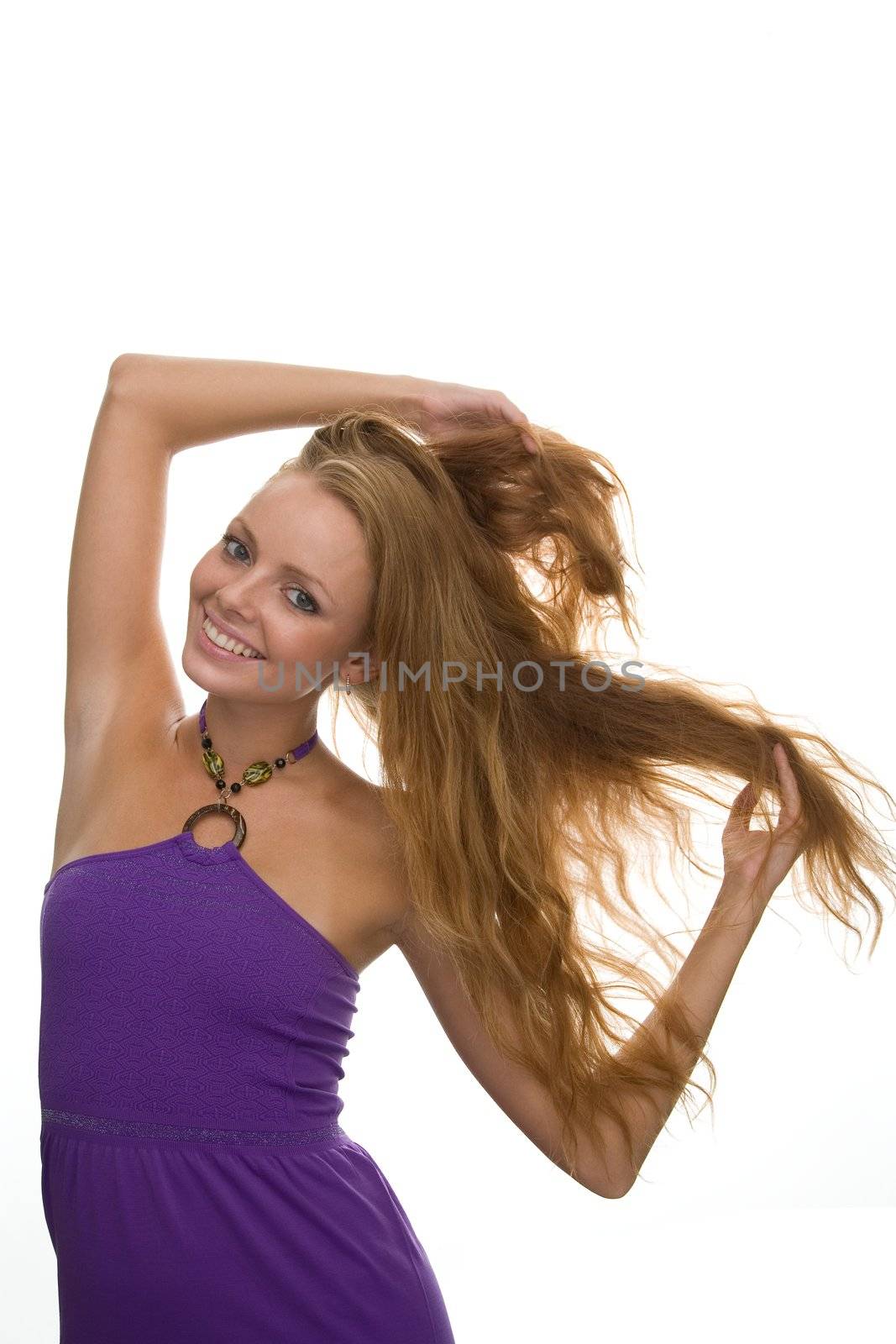 girl with red hair on a white background