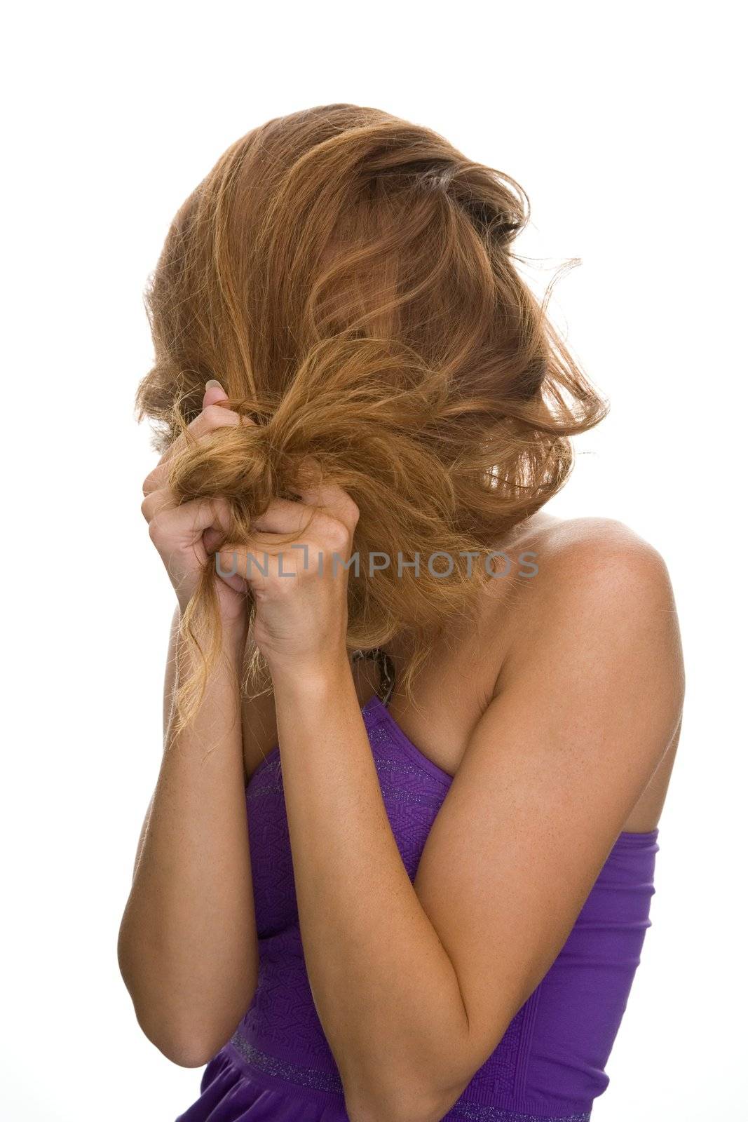 girl with red hair on a white background