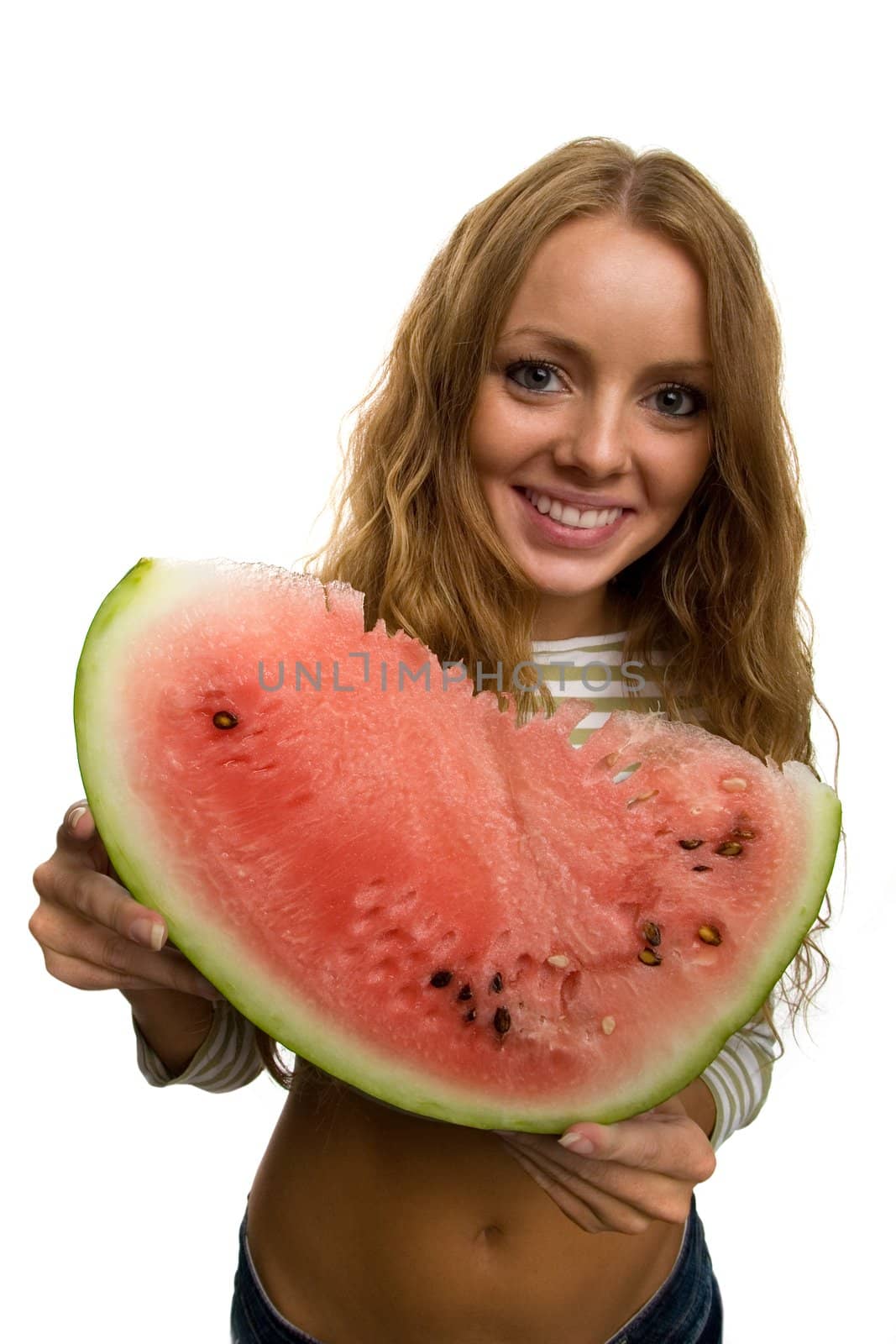 girl holding piece of watermelon by skutin