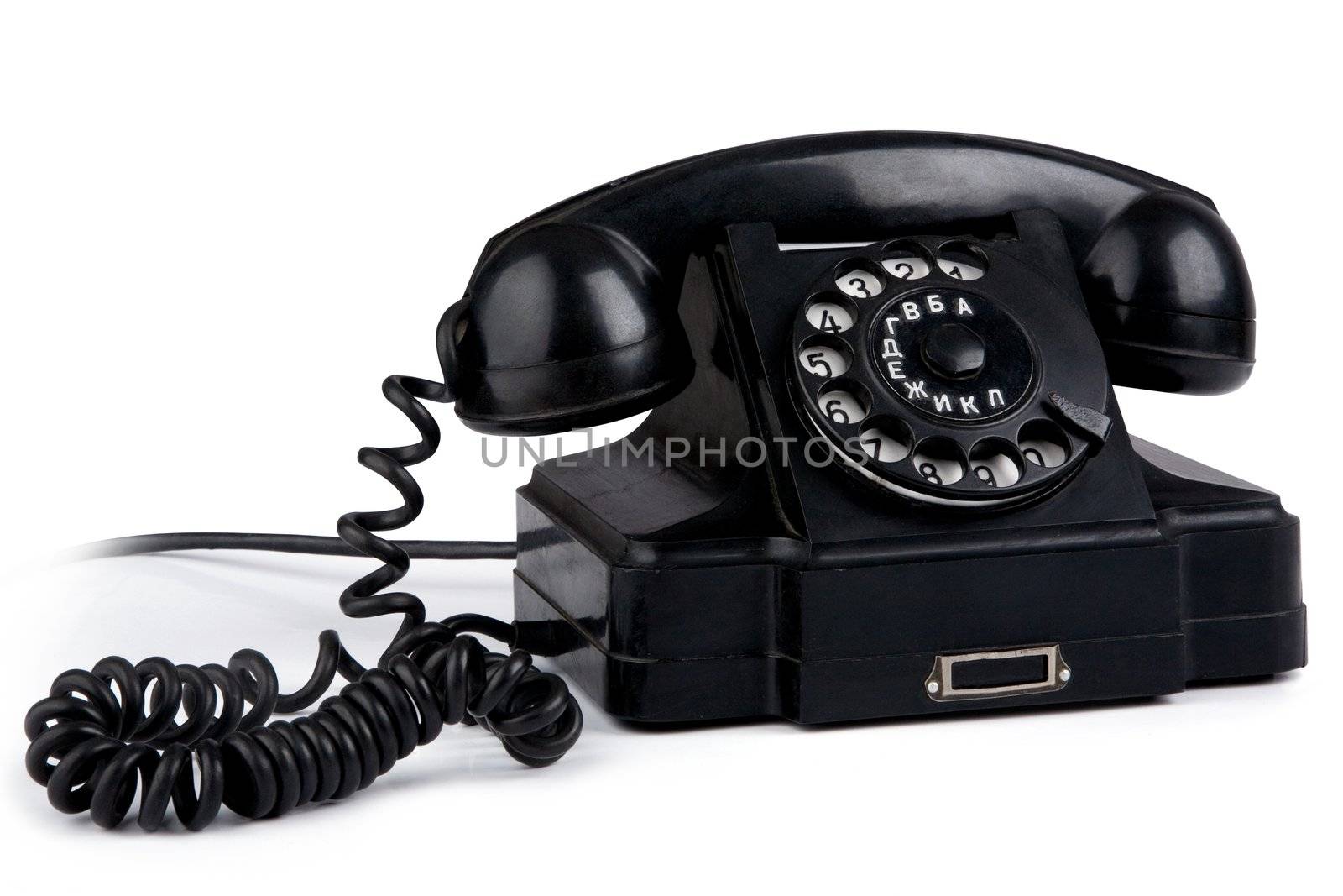Old (retro) phone in black on a white background